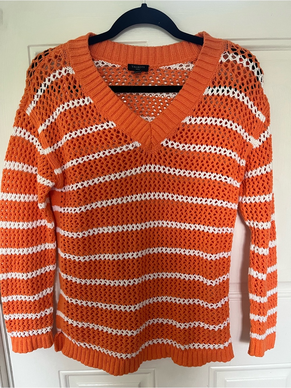 Talbots Petite Medium Orange Open Knit Coastal Sweater Beachy Stripe Top